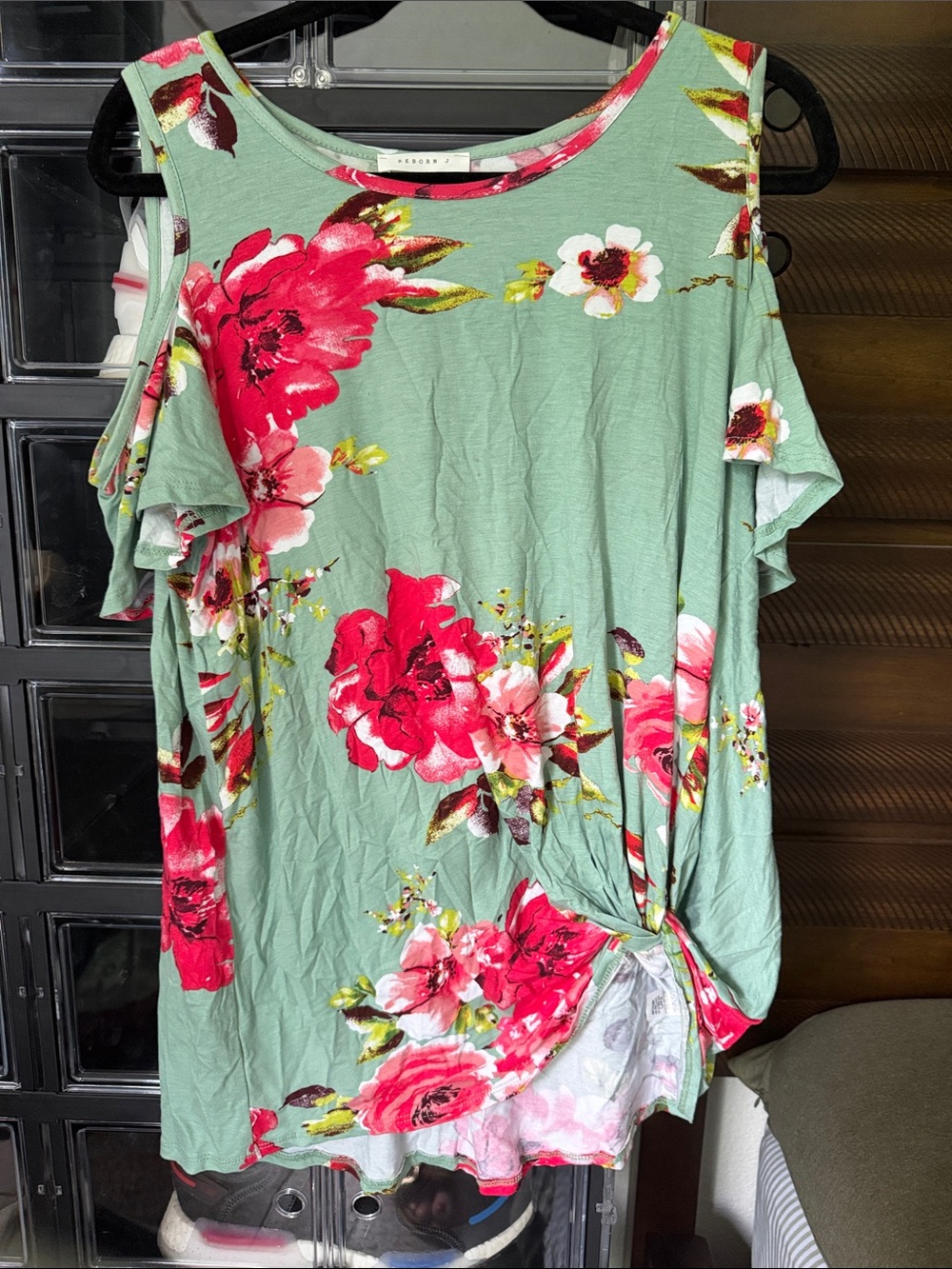 Reborn J Sage Green Cold-Shoulder Floral Tunic with Pink Blooms